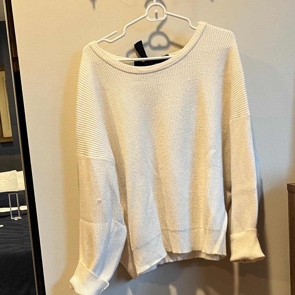 Cozy White Sweater with Black Bow on Back